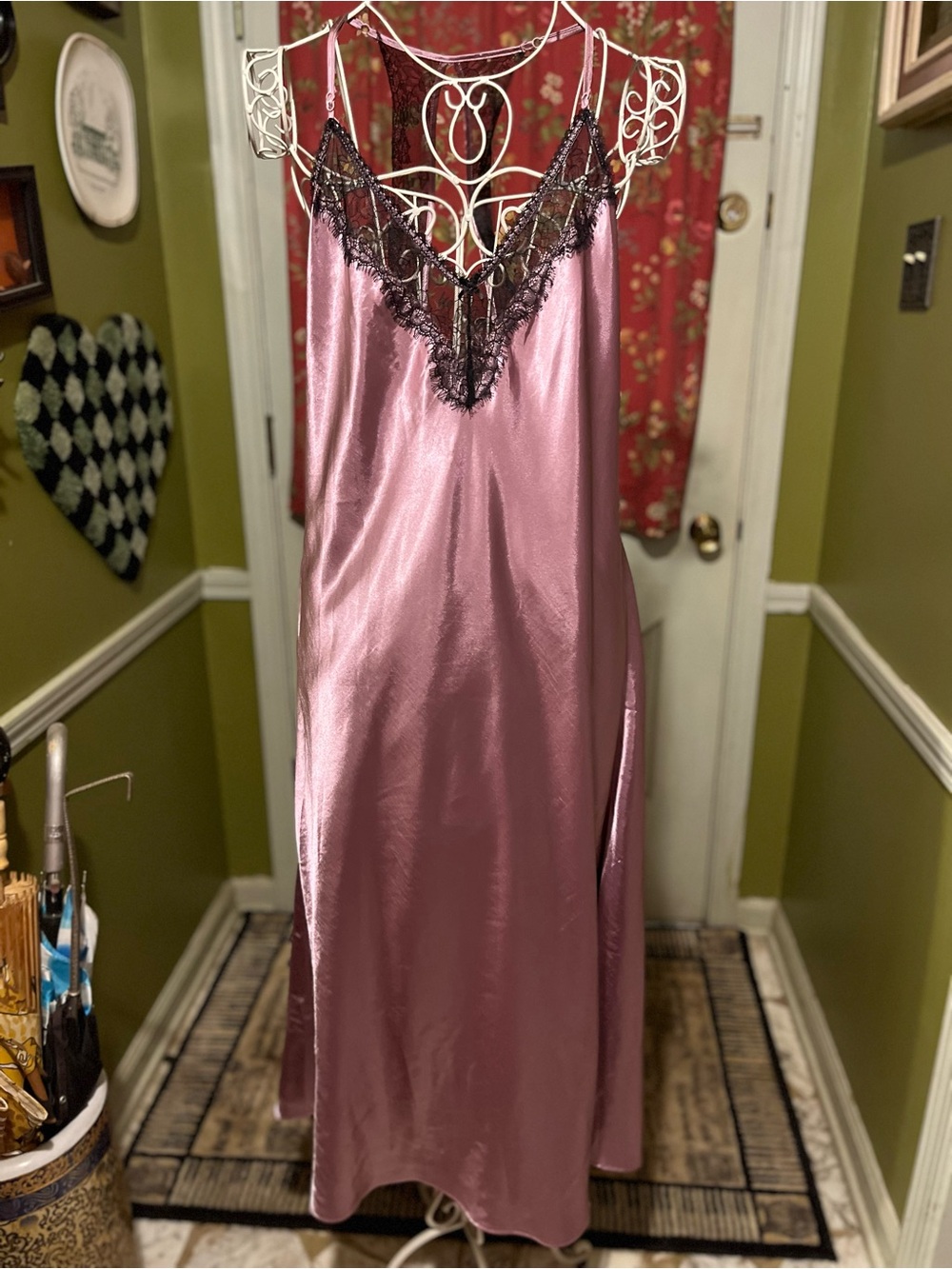 Linea Donatella Purple Lavender Satin Black Lace Trim Slip Nightgown XL